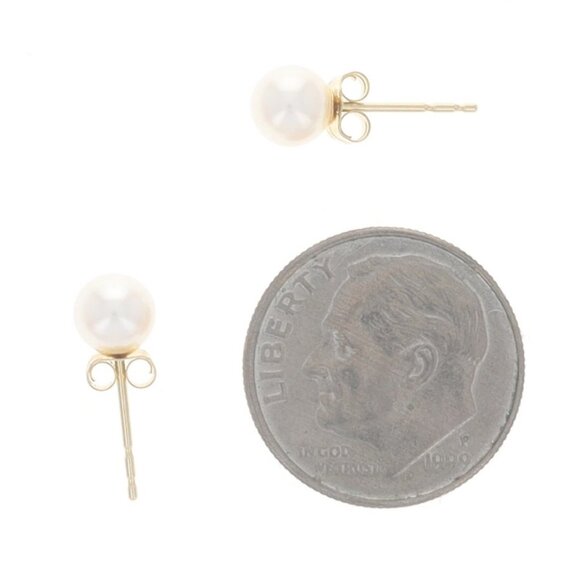 18K/10K Freshwater Pearl Circle Stud Earrings (Yellow Gold  Yellow Gold Freshwater Pearls Solitaire Stud Earrings 14k Round Pierced